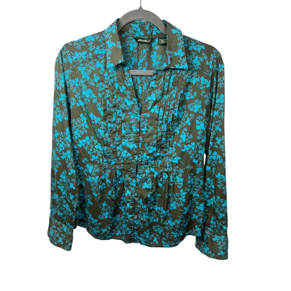 Eddie Bauer Floral Cotton Button Down Blouse Brown Turquoise Pintuck Pleated M
